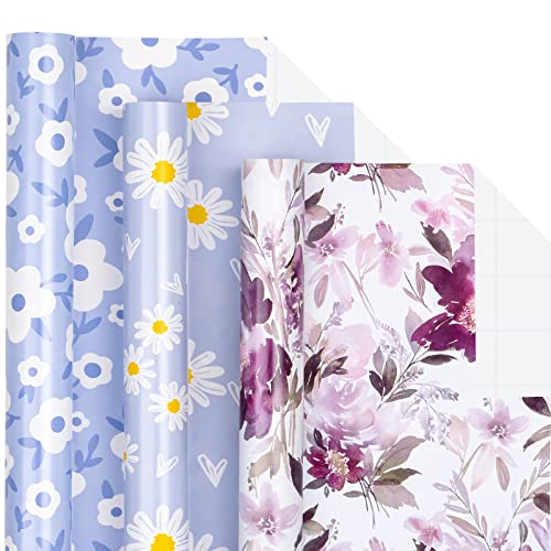 Holijolly Florale Geschenkpapierrolle – Minirolle – Gänseblümchen/Begonie/weiße Blume für Geburtstag, Hochzeitsparty – 44,5 x 305 cm – 3 Rollen (43,77 sq.ft.ttl.) von Holijolly