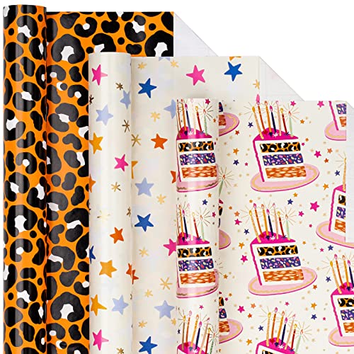 Holijolly Geburtstag Verpackung Papier Rolle.Mini Rolle -Leopard/ "Happy Birthday" Kuchen/Stern für Mädchen, Jungen, Kinder, Erwachsene, Freunde auf 43.2 cm X 3.05 m, 3 Rollen (42.5 sq.ft.ttl.) von Holijolly