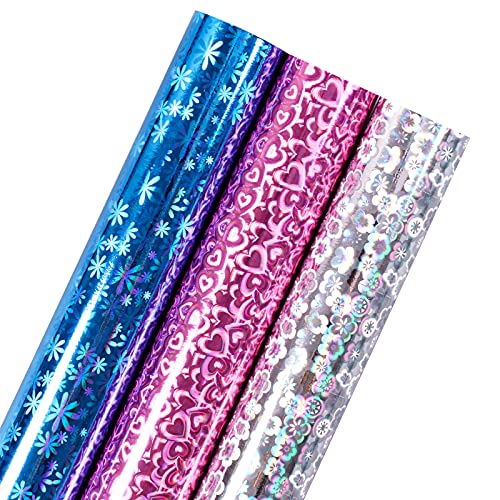 Holijolly Holographic Foil Geschenkpapier - Rosa/Blau/Silber Regenbogenfarben mit Herzen für Valentinstag, Hochzeit, Geburtstag - 3 Rollen (43x305cm pro Rolle) von Holijolly