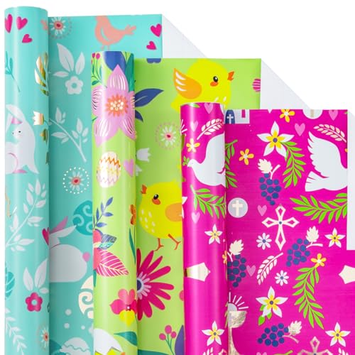 Holijolly Ostern Geschenkpapier Rolle - Mini Rolle - Ostern Huhn/Hase/Kreuz mit Metallic Design für Geschenkpapier, Handwerk - 43,2 × 3,0 M - 3 Rollen (42.5 sq.ft.ttl.) von Holijolly