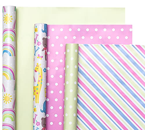 Holijolly Reversible Baby Dusche Wrapping Paper.Mini Roll.3 Rolls.43.2x305cm Pro Rolle.Solid Green, Polka Dot, Streifen, Regenbögen, Niedliche Tiere &"New Baby" Beschriftung Holijolly Reversible Baby Dusche Wrapping Paper.Mini Roll.3 Rolls.43.2x305cm Pro Rolle.Solid Green, Polka Dot, Streifen, Regenbögen, Niedliche Tiere &"New Baby" Beschriftung von Holijolly