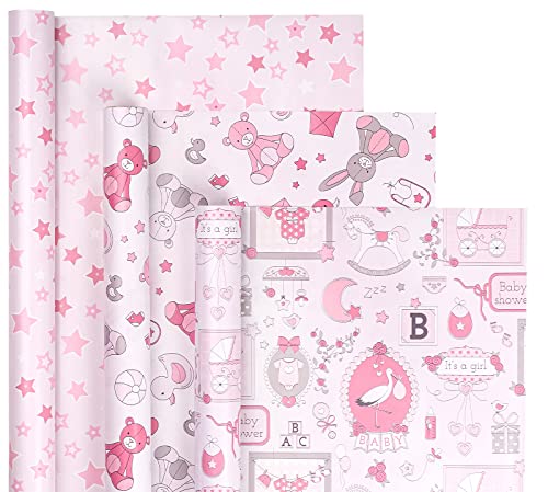 Holijolly Rosa Geschenkpapier Rolle - Bär Spielzeug/Ballon, Baby/Stern Druck für Baby Dusche, Mädchen- 43x305cm x 3 Rollen (43.77 sq.ft.TTL.) von Holijolly