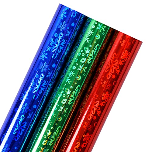 Holijolly Schneeflocke holografisches Geschenkpapier - Rot/Blau/Grün Regenbogenfarben für Weihnachten, Geburtstag, Urlaub, Babypartyverpackung - 3 Rollen (43 x 305 cm pro Rolle) von Holijolly