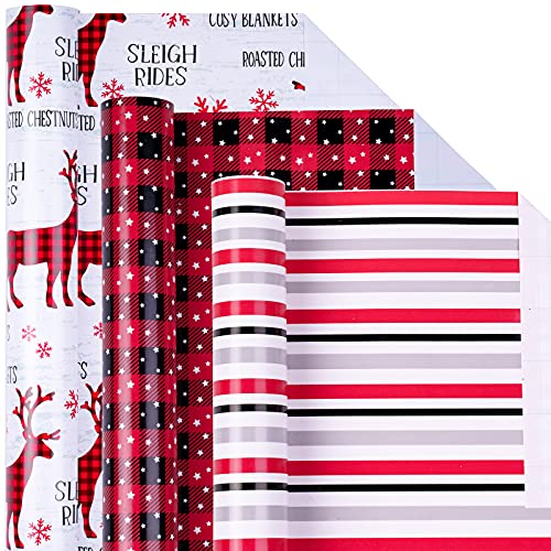 Holijolly Weihnachtspapierrolle - Elch/Sternkaro/Streifen in Rot & Weiß Design für Geschenkpapier, Kunsthandwerk -43 x 305cm x 3 Rollen von Holijolly