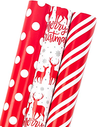 Holijolly Weihnachtspapierrolle - Minirolle - 43cm x 3m pro Rolle - 3 verschiedene Rot-Weiß-Hirsch-Designs von Holijolly