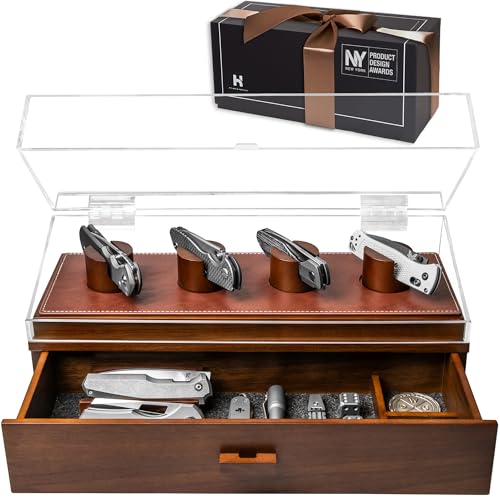 Präsentieren Sie Ihre Messer mit The Knife Deck – Premium-Taschenmesser-Vitrine für 6 Messer – Geschenk zum Vatertag für Männer – Schublade für Accessoires – Taschenmesserhalter aus Holz von Holme & Hadfield