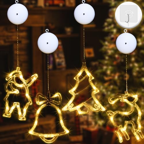 Holwim 4er set weihnachtsbeleuchtung fenster mit Saugnapf und 3 Beleuchtungsmodi, LED fensterdeko weihnachten batteriebetrieben, weihnachtsdeko innen fenster hängend für weihnachten deko,Warmweiß von Holwim