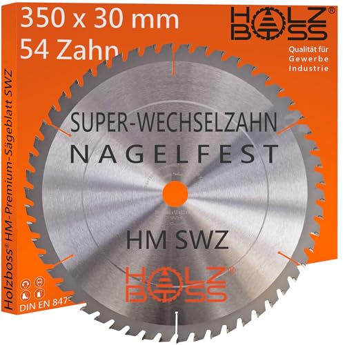 Holzboss ® HM-Sägeblatt 54 x Zahn nagelfest SWZ 350 x 30 mmØ Super-Wechselzahn HW Kreissägeblatt für 350x30 mm Wippsäge Tischkreissäge Brennholz mit Betonbeschlag Feinschnitt Holz Acrylglas von Holzboss