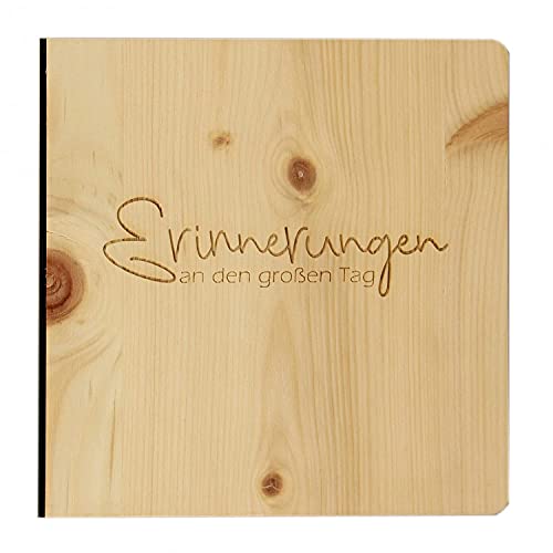 Holz Gästebuch mit eingraviertem Schriftzug "Erinnerungen an den großen Tag", Fotoalbum und Stammbuch für verschiedene Anlässe wie Hochzeit, Geburt und Geburtstag, Eintragsbuch mit edlem Zirbencover von Holzgrusskarten.at