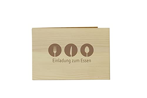 Holzgrusskarten Original Einladung zum Essen - 100% handmade in Österreich, aus Zirbenholz gefertigte Einladungskarte, Grußkarte, Klappkarte, Postkarte, Geburtstagskarte von Holzgrusskarten.at