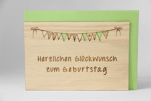 Holzgrusskarten Original Herzlichen Glückwunsch zum Geburtstag - 100% handmade in Österreich, aus Eichenholz gefertigte Geschenkkarte, Geburtstagskarte, Grußkarte, Klappkarte, Postkarte von Holzgrusskarten.at