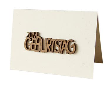 Original Holzgrußkarte - Papierkarte mit Schriftzug aus Echtholz in Nuss"Zum Geburtstag", Postkarte, Geschenkkarte, Klappkarte, Karte, Geburtstagskarte von Holzgrusskarten.at