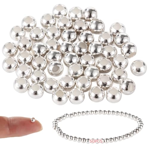 50 Stück 4 mm Silberperlen, Schmuck-Abstandshalter aus Sterlingsilber, hochglanzpoliert, runde Perlen-Charms für stapelbare Armbänder, Halsketten und Ohrringe, Bastelkomponenten von Homaisson