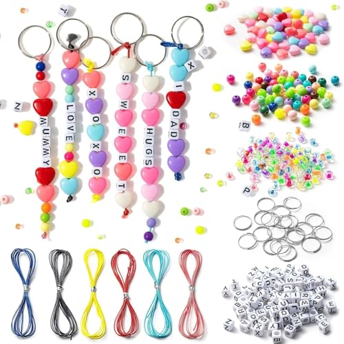 572-teiliges DIY-Perlen-Schlüsselanhänger-Set, Perlen-Schlüsselanhänger-Set mit Kunststoffperlen, herzförmigen Perlen, bunten Wachskordeln, inklusive 572-teiligem Zubehör, kreativ für Bastler von Homaisson