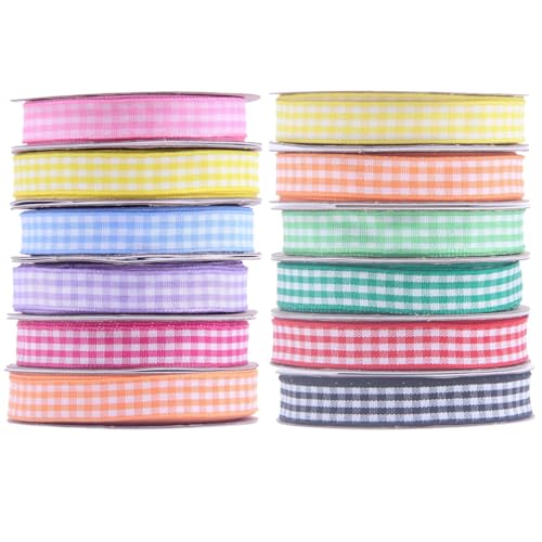 Geschenkband mit Karomuster, 12 Stück, verschiedene Farben, Nylon, je 9,1 m, für Geschenkverpackungen, Bastelarbeiten, Urlaubsdekoration, inklusive Rosa, Gelb, Blau, Lila, Rot, Orange, Grün, Schwarz von Homaisson