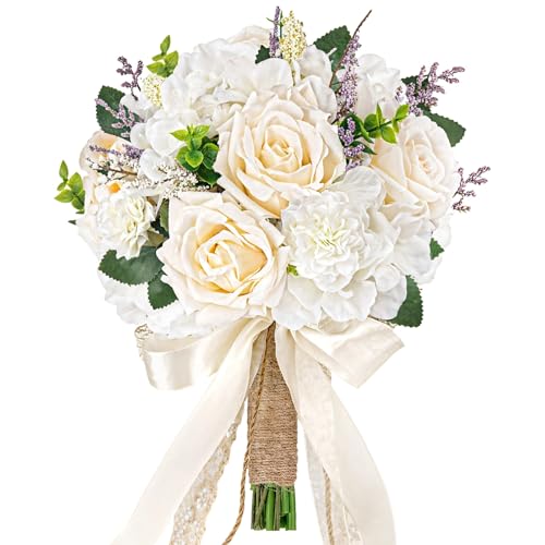 Homaisson Champagner-Hochzeitssträuße für Braut, weiße künstliche Rosen, Blume, kaskadierend, Brautstrauß für rustikale Boho-Herbst-Vintage-Hochzeitszeremonie, Party und Jahrestag, 27,9 cm von Homaisson
