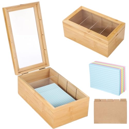Karteikarten-Organizer aus Holz mit Deckel, Aufbewahrungsbox mit herausnehmbaren Trennwänden, inklusive 5 Kraft-Registerkarten und 300 bunten Karten, Kartenhalter für Rezepte, Notizen, Visitenkarten von Homaisson