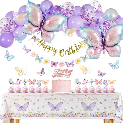 Homarkable Schmetterling Geburtstagsdeko Lila Party Dekorationen mit Luftballons für Mädchen Happy Birthday Banner Schmetterling 3D Aufkleber Tischdecke Homarkable Schmetterling Geburtstagsdeko Lila Party Dekorationen mit Luftballons für Mädchen Happy Birthday Banner Schmetterling 3D Aufkleber Tischdecke von Homarkable