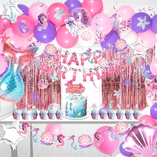 88 Stück Meerjungfrau Geburtstags Deko mit Happy Birthday-Banner, Ballonbogen-Set, Rosa Türvorhang, Hang Swirl & 3D Cupcake Toppers für Mädchen Partydekorationen von Homarkable