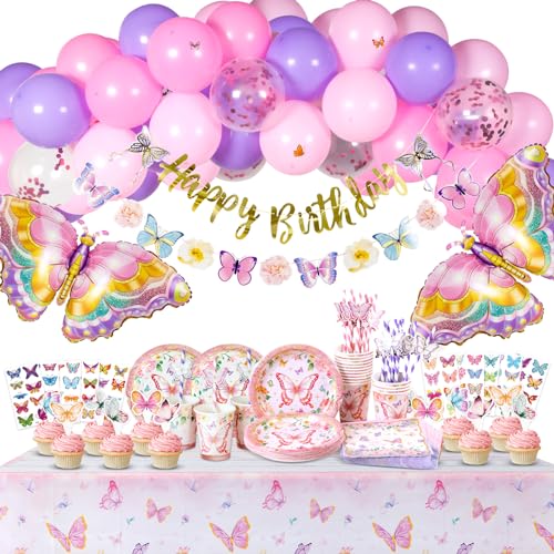 130 Stück schmetterlings Geburtstags Deko mit Luftballons, Geburtstagsbanner, Tortenaufleger, Tattoo-Aufkleber, Geschirrset und Tischtuch für Party von Homarkable
