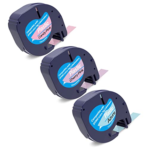 3 Packung Etikettenband Kompatible für Dymo LetraTag 12mm x 4m Plastic Kompatible für Dymo LetraTag LT-100H LT-100T LT-110T XR XM QX50 2000, Kirsche Rosa/Azure/Candy Pink von Home Colortly