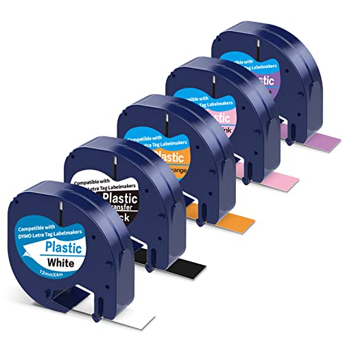 5x Bunt Schriftbänder Kompatible für Dymo Letratag Etikettenband Plastik 12mm x 4m Etikettenband als Ersatz für Dymo LetraTag LT-100H LT-100T LT-110T XR XM QX50 2000, Weiß/Schwarz/Rosa/Violett/Orange von Home Colortly