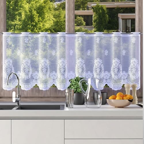 Home Dekorator Scheibengardinen Landhausstil 150x50 cm | Weiß Gardinen Küche | Gardine Küchenfenster mit Blumenmuster | Kurzgardine mit Schlaufen | Bistrogardinen mit Ösen (H229) von Home Dekorator