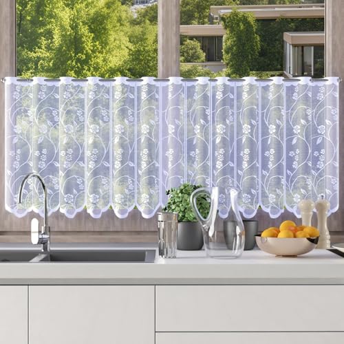 Home Dekorator Scheibengardinen Landhausstil 150x50 cm | Weiß Gardinen Küche | Gardine Küchenfenster mit Blumenmuster | Kurzgardine mit Schlaufen | Bistrogardinen mit Ösen (H232) von Home Dekorator