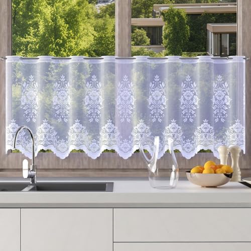 Home Dekorator Scheibengardinen Landhausstil 150x50 cm | Weiß Gardinen Küche | Gardine Küchenfenster mit Blumenmuster | Kurzgardine mit Schlaufen | Bistrogardinen mit Ösen (H233) von Home Dekorator