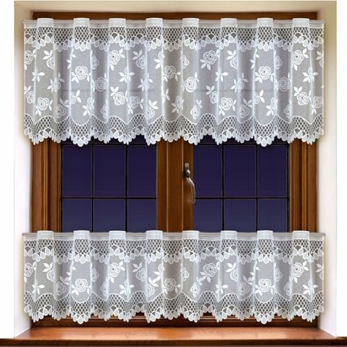 Home Dekorator Scheibengardinen Landhausstil 300x40 cm | Weiß Gardinen Küche | Gardine Küchenfenster mit Blumenmuster | Kurzgardine mit Schlaufen | Bistrogardinen mit Ösen (Unten) von Home Dekorator
