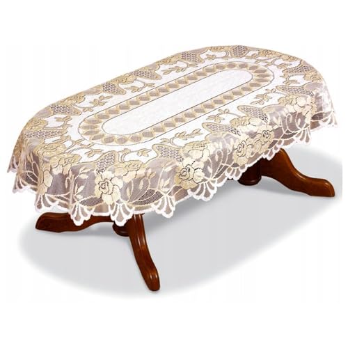 Home Dekorator Tischdeckchen aus Spitzenstoff 130x180cm | Tischdecke Spitze Vintage in Cremefarben mit Goldmuster | Frühlingstischdecke für Esszimmer und Wohnzimmer | Tischtuch Oval von Home Dekorator