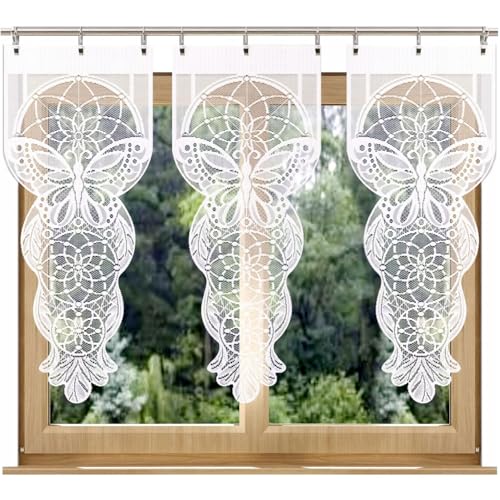 Home Dekorator Weiß Schiebegardinen Küche 40x100cm | Küchengardinen Modern | Scheibengardine aus Spitzenstoff | Fenstergardinen Spitze | Gardine Küchenfenster Schmetterling-Design (1 Stück) von Home Dekorator