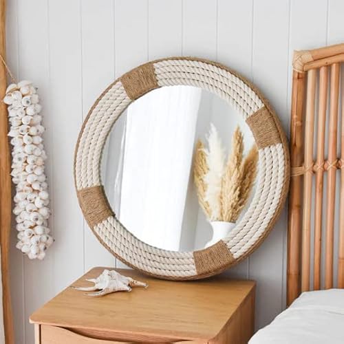 Home Dress Runder Wandspiegel, groß, dekorativ, zur Wandmontage | Maritimes, mehrfarbiges Juteseil für rustikalen Bauernhaus-Wandspiegel, Moderne Dekoration für Badezimmer (30 inch) von Home Dress