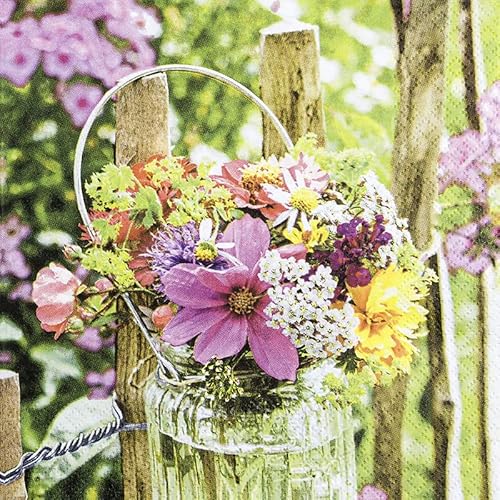 20 Servietten Blumenvase am Zaun | Blumen | Frühling | Sommer |basteln | neutral | zeitlos | Tischdeko | Decoupage | Serviettentechnik 33x33cm von Home Fashion