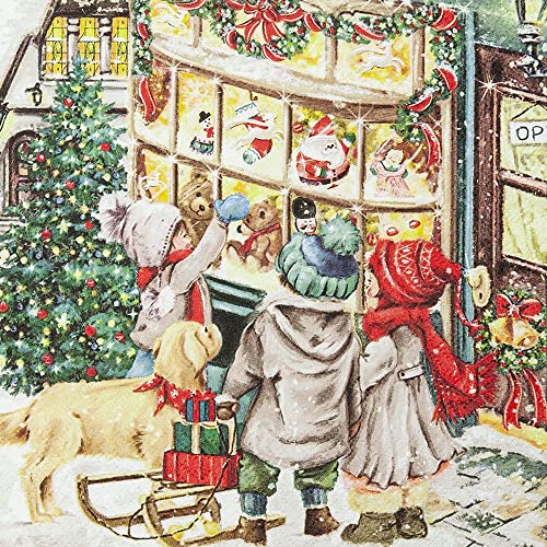 20 Servietten Kinder vor dem Weihnachtsgesch?ft | Kind | Junge | Mädchen| Hund | Winter | Weihnachten | Tischdeko | Decoupage | Serviettentechnik 33x33cm von Home Fashion