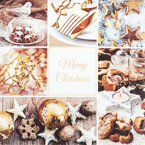20 Servietten Merry Christmas Collage gold | Sterne | Kugeln | Winter | Weihnachten | Tischdeko | Decoupage | Serviettentechnik 33x33cm von Home Fashion