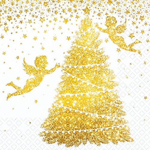 20 kleine Cocktail-Servietten Goldene Engel am Baum | Weihnachten | Winter | Tischdeko | Decoupage | Serviettentechnik 25x25cm von Home Fashion