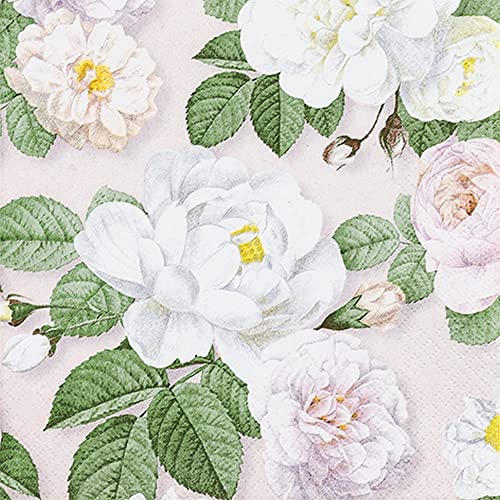 20 kleine Cocktail-Servietten weiße Rosen auf Rosa | Tischdeko | Decoupage | Serviettentechnik 25x25cm von Home Fashion