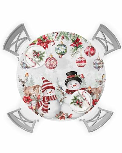 Runde Weihnachtstischdecke mit elastischen Schneemann-Tischdecken, Weihnachtskugeln, Hirsch, Stechpalme, Weihnachtsstern, Tischdecke für Küche, Abendessen, Weihnachten, Urlaub, Party, Picknick von Home L6