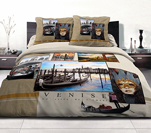 Home Passion Bettbezug – 3-teilig | 100% Baumwolle – 57 Fäden | Doppelbett – 220 x 240 cm Sand Bettwäsche Dream in Venedig, Venise Zobel, 220x240 cm, 3 von Home Passion