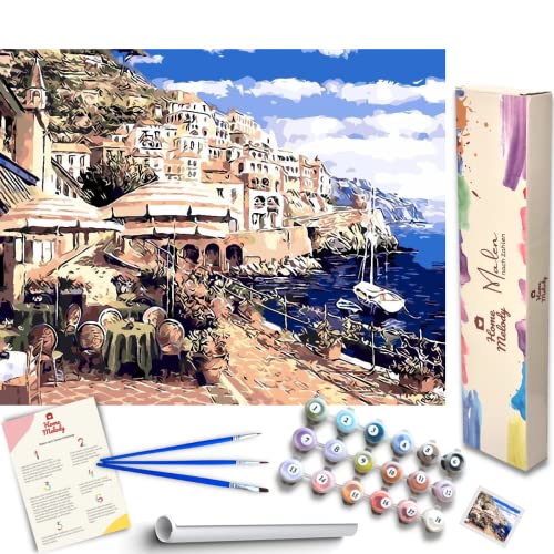Home Melody Malen nach Zahlen Erwachsene ohne Rahmen - 40x50 cm, Küstenstadt, DIY Öl-Gemälde Kit mit Zubehör, Set mit Leinwand, Ölfarben, Pinsel, Geschenk Bastelset Erwachsene, Meer, Wasser, Häuser von Home Melody