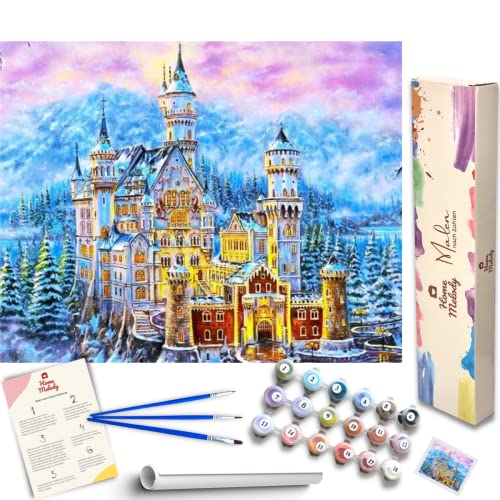 Home Melody Malen nach Zahlen Erwachsene ohne Rahmen - 40x50 cm, schneebedecktes Märchenschloss, DIY Öl-Gemälde Kit mit Zubehör, Set mit Leinwand, Ölfarben, Pinsel, Geschenk Bastelset Erwachsene von Home Melody