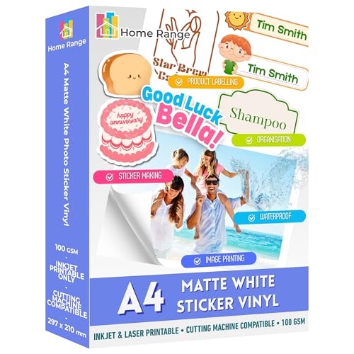 Home Range 10 Blatt bedruckbares Vinyl-Aufkleberpapier, A4, mattweiß, wasserfest, selbstklebend, für Tintenstrahl- und Laserdrucker, selbstklebende Rückseite für individuelle Etiketten, Basteln, Fotos Home Range 10 Blatt bedruckbares Vinyl-Aufkleberpapier, A4, mattweiß, wasserfest, selbstklebend, für Tintenstrahl- und Laserdrucker, selbstklebende Rückseite für individuelle Etiketten, Basteln, Fotos von Home Range