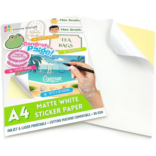 Home Range 100 Blatt A4 weißes, mattes, bedruckbares Aufkleberpapier – selbstklebende Etiketten mit klebender Rückseite | Tintenstrahl- und Laserdrucker | perfekt für Aufkleberkunst und Handwerk Home Range 100 Blatt A4 weißes, mattes, bedruckbares Aufkleberpapier – selbstklebende Etiketten mit klebender Rückseite | Tintenstrahl- und Laserdrucker | perfekt für Aufkleberkunst und Handwerk von Home Range