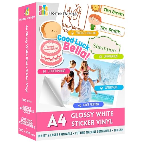 Home Range 20 Blatt A4 Glänzendes weißes Vinyl-Aufkleberpapier, selbstklebend, mit Tintenstrahldrucker bedruckbar & wasserfest für Etiketten, Abziehbilder & Beschilderung, ideal für Zuhause, Büro Home Range 20 Blatt A4 Glänzendes weißes Vinyl-Aufkleberpapier, selbstklebend, mit Tintenstrahldrucker bedruckbar & wasserfest für Etiketten, Abziehbilder & Beschilderung, ideal für Zuhause, Büro von Home Range