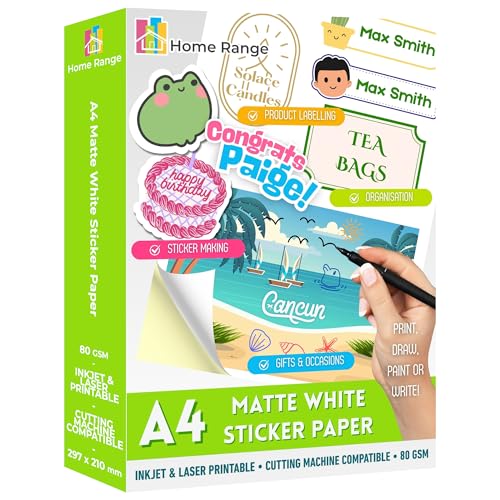 Home Range 50 Blatt A4 weißes, selbstklebendes, mattes Aufkleberpapier, langlebige bedruckbare Blätter für Tintenstrahl- und Laserdrucker, ideales Druckpapier mit klebender Rückseite für individuelle Home Range 50 Blatt A4 weißes, selbstklebendes, mattes Aufkleberpapier, langlebige bedruckbare Blätter für Tintenstrahl- und Laserdrucker, ideales Druckpapier mit klebender Rückseite für individuelle von Home Range