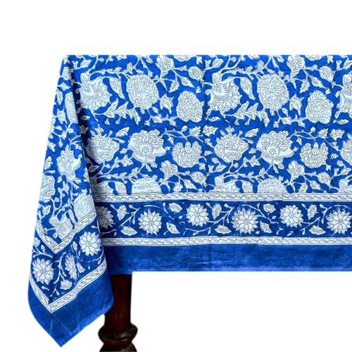 183 x 48 cm rechteckige handblockbedruckte Baumwoll-Tischdecke, weiß-blaue Blumen-Tischdecke, waschbar, indische Tischwäsche für Abendessen, Heimdekoration, Herbst, Frühling, Outdoor, Thanksgiving von Home Spun & Crafts