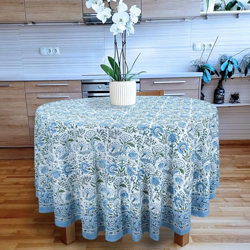 Home Spun & Crafts Esstischdecke, Hochzeitstischdekoration, Baumwoll-Tischdecke, Geschenk für Weihnachten, Blumen-Tischwäsche, Blockdruck, 183 x 183 cm, Blau von Home Spun & Crafts