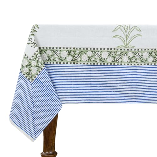 Quadratische handbedruckte Baumwoll-Tischdecke, 152,4 x 152,4 cm, grün-blaue Blumen-Tischdecke, waschbar, indische Tischwäsche zum Abendessen, Heimdekoration, Sommer, Frühling, Outdoor, Thanksgiving von Home Spun & Crafts
