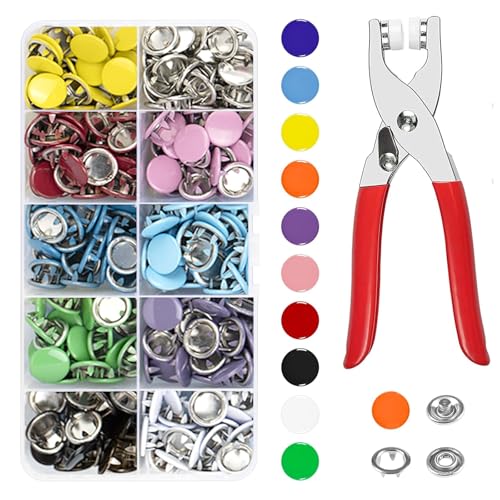 Druckknopf-Set, 100 Sets Metall-Druckknöpfe mit Druckzange, Druckknöpfe, kein Nähen, Druckknopf-Set für DIY-Kleidung, Taschen, handgefertigt (10 Farben, 9,5 mm) von Home-X
